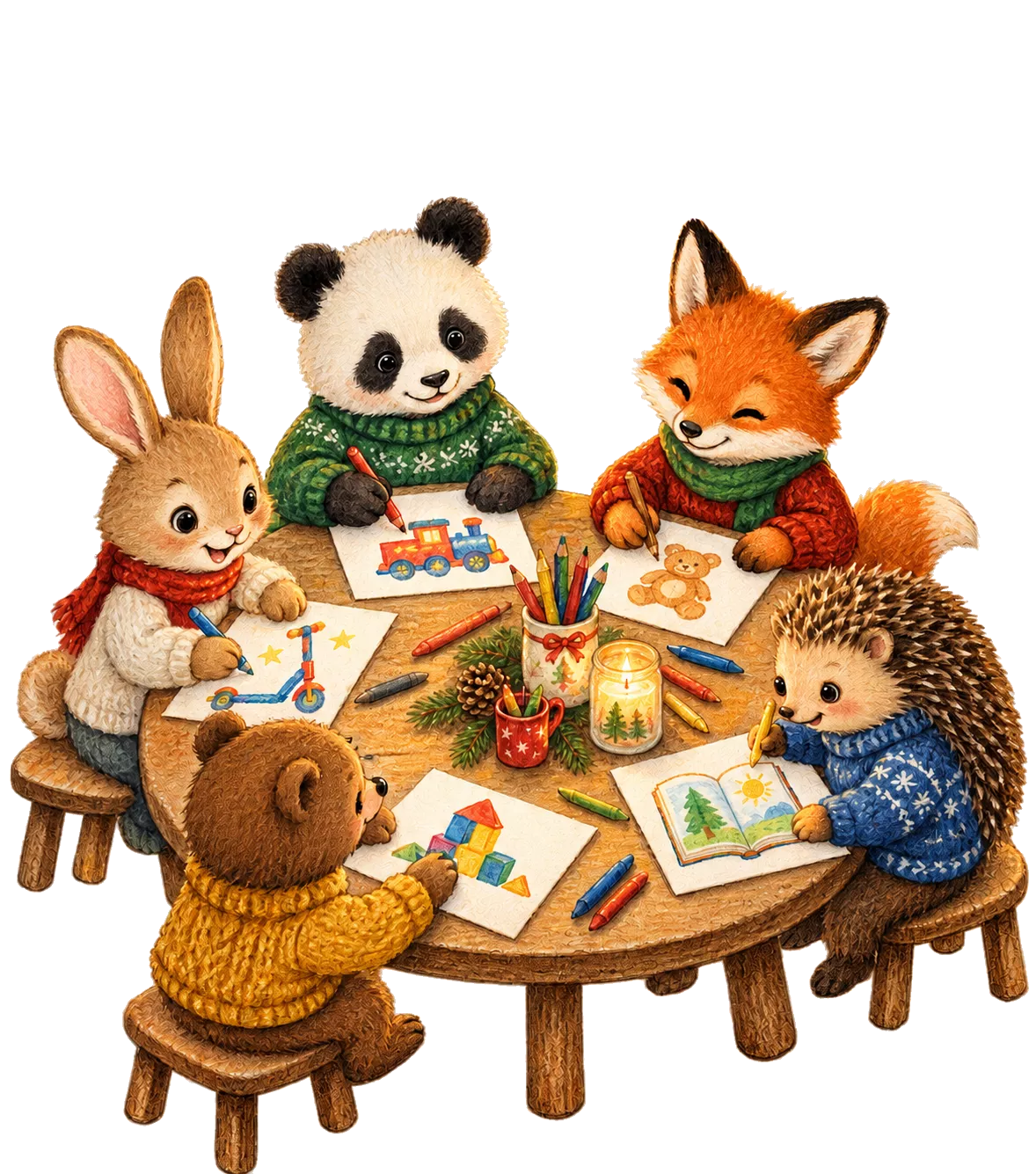 Fünf Tierkinder – Panda, Fuchs, Hase, Bär und Igel – zeichnen gemeinsam an einem Holztisch ihre Weihnachtswünsche